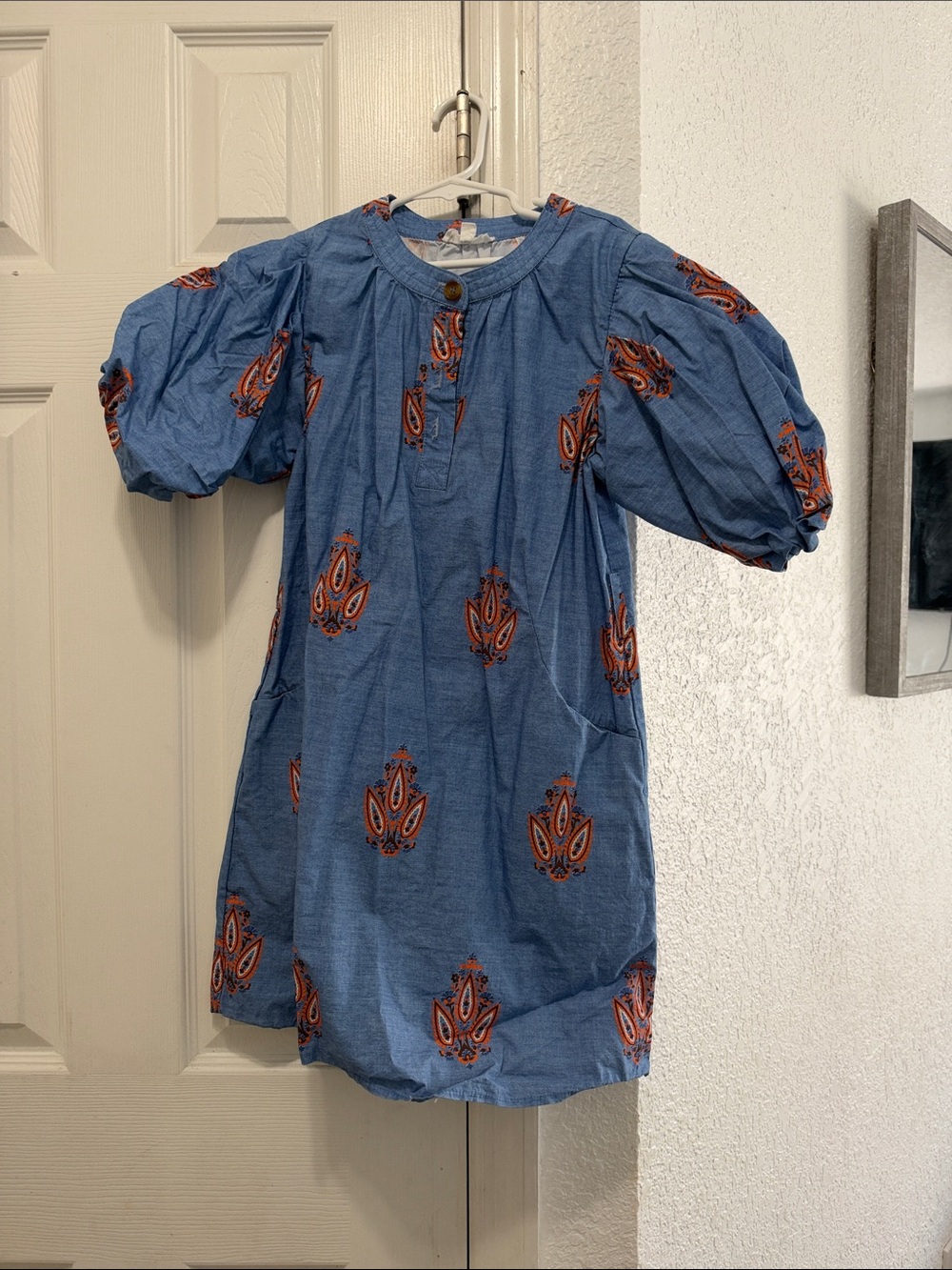 Girls Blue Puff-Sleeve Dress with Orange Motif